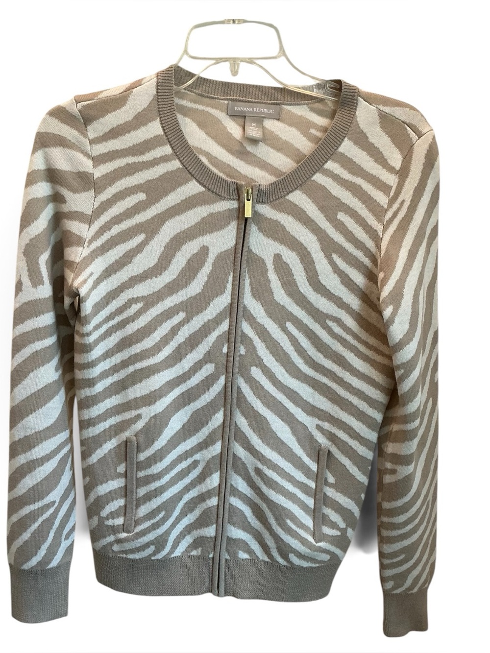 Banana Republic Merino Wool Animal Print Full Zip Sweater Jacket Size Medium - Picture 2 of 11
